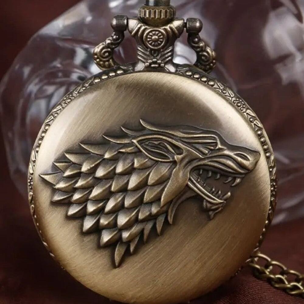 Game of Thrones Pocket Watch GOT House Stark Wolf Crest Bronze Christmas - NEW!!